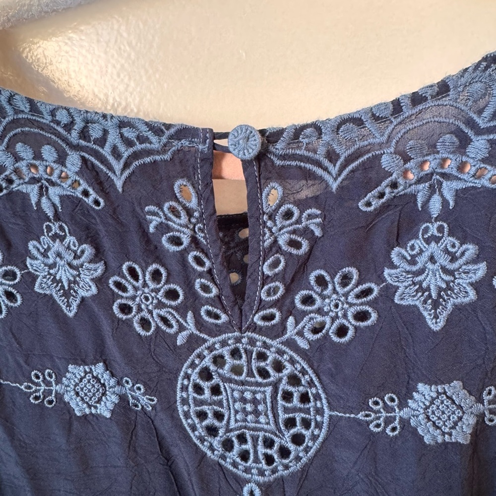 Johnny Was Navy Blue Embroidered Short Sleeve Dress - Picture 4 of 11